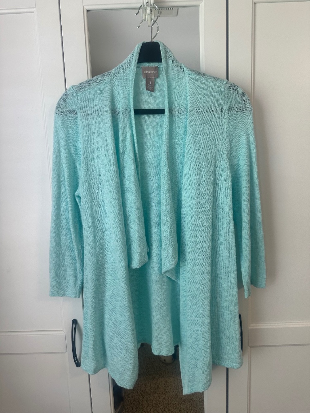 Chico's Mint Green Open Front Waterfall Drape Cardigan Sweater Size 1 M